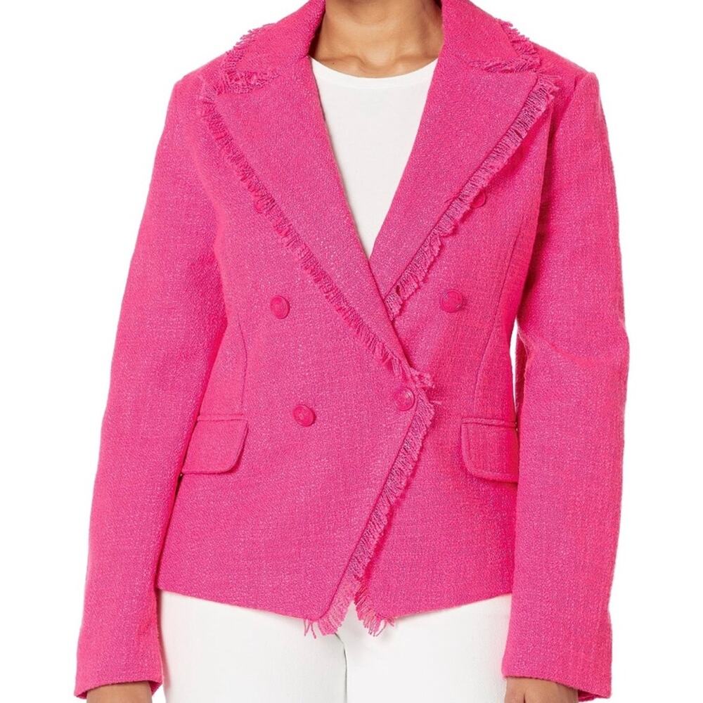 Steve Madden Pink Naomi Double Breasted Fringe Trim Tweed Blazer Jacket Size XL